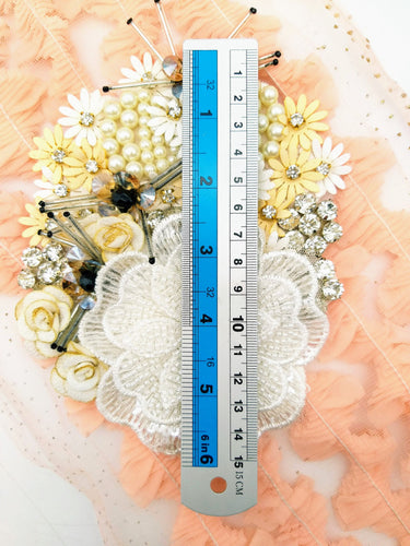 White Hand Embroidered Floral Applique With Beads, Rhinestones,Bugle Beads